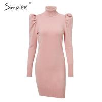 Simplee Turtle neck bodycon winter knitted women dress Puff shoulder pink sweater dress female Sexy ladies solid autumn vestidos