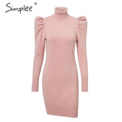 Simplee Turtle neck bodycon winter knitted women dress Puff shoulder pink sweater dress female Sexy ladies solid autumn vestidos