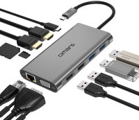 Omars USB-C แท่นวางแล็ปท็อป 11 in 1 Triple Display USB C Hub 4K Monitor Type C Adapter สำหรับ HP Dell MacBook Pro และ Windows (2HDMI VGA PD3.0 SD TF Card Reader พอร์ต Gigabit Ethernet 4USB)