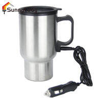 รถถ้วยอุ่นให้ร้อน12V รถแก้วร้อน450Ml ถ้วยกาแฟไฟฟ้าสแตนเลสสำหรับเดินทางกระบอกน้ำเก็บความร้อนฉนวนความร้อน