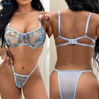 【HODRD】Blue Satin Lace up Embroidery Bra Set Mesh See through Thong Underwear for Women【Fashion】