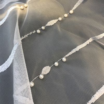 Luxury Gold Thread Pearls Grey Curtain for Living Room Stripe Sheer Voile Drape Mesh Fabric Bedroom Window Balcony S390#D