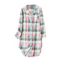 Women Turn-down Collar Long Sleeve Sleep Wear Lattice Nightgowns Casual Pajamas