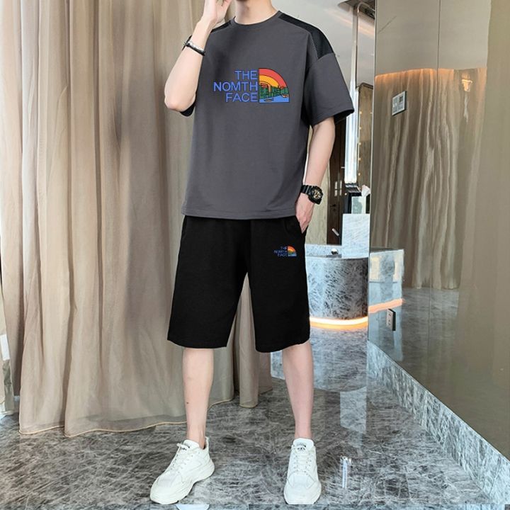 เสื้อสูทสองชิ้นสำหรับผู้ชาย-เสื้อยืดแขนสั้นกางเกงขาสั้นแฟชั่นกีฬาลำลองฤดูร้อน