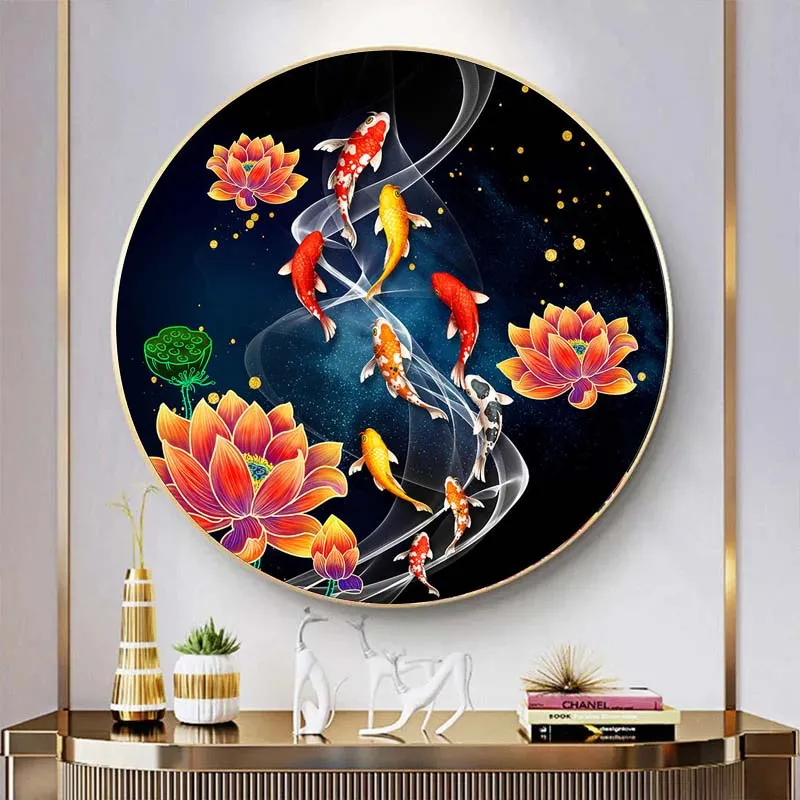 5d Diamond Painting Full New Style Living Room Lotus Nine Fish