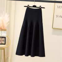 2021 Winter Skirts Woman Causal High Waist A Line Long Ruched Knitting Cotton Skirt Solid Color Autumn Fall Basic Bottom Clothes