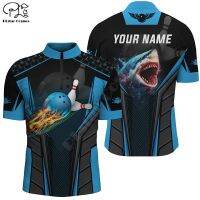 （ALL IN STOCK）  Personalized 3D bowling shirts for men Custom shark team blue bowling ball Bowling Quarter Zip Shirts 3D Print Shirts Tees Tops   (FREE NICK NAME LOGO)