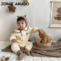 สไตล์เกาหลีฤดูใบไม้ผลิใหม่เด็กทารก Romper แขนยาวสีกากี Beige er Pan Collar Bear Jumpsuit ทารกเสื้อผ้า E6821