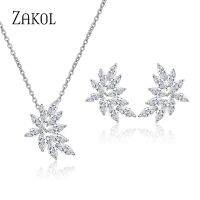 【When the flowers bloom】 ZAKOL Casual Cubic Zirconia Leaf ต่างหูสร้อยคอชุดเครื่องประดับสำหรับผู้หญิงงานแต่งงานอาหารค่ำวันหยุดวันเกิดของขวัญอุปกรณ์เสริม