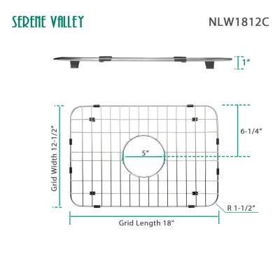 Serene Valley Sink Grid 18 "X 12-12",ท่อระบายน้ำตรงกลางที่มีมุมรัศมี1-12 ", NLW1812C