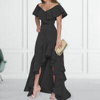 Anti-Pilling Comfortable Elegant Ruffle Trim Evening Party Maxi Dress Female Clothing