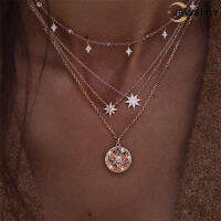 Lady สไตล์โบฮีเมียน Multi-Layer Clavicle สร้อยคอ Rhinestone Bead Star Chain เครื่องประดับ