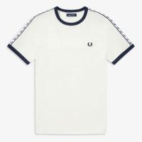 FRED PERRY FRED PERRY เสื้อยืดแขนสั้นสำหรับผู้ชาย,เสื้อยืดแขนสั้นผ้าฝ้ายคอกลมแท้ลำลองปักหูข้าวสาลีตกแต่งขอบ Tali Bahu Balenciagaละกัน