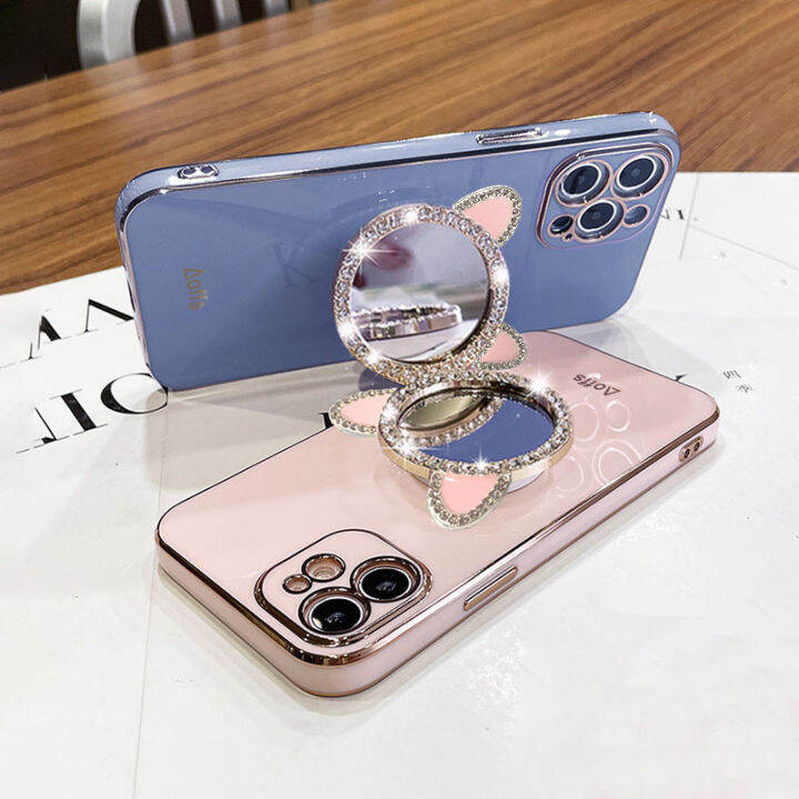 jiefie-เคสน่ารักสำหรับ-xiaomi-redmi-note-11-11s-11-pro-note-10-10s-10-pro-note-9-9s-9-pro-กระจกแต่งหน้าเคสโทรศัพท์-chrome-glossy-soft-tpu-ฝาครอบโทรศัพท์สี่เหลี่ยมพร้อมขาตั้งโทรศัพท์