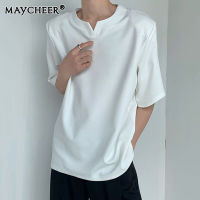 MAYCHEER เสื้อยืดคอกลมแขนสั้นสำหรับผู้ชายแฟชั่นแขนสั้นสีทึบฤดูร้อนดีไซน์ระบายอากาศที่สะดวกสบาย