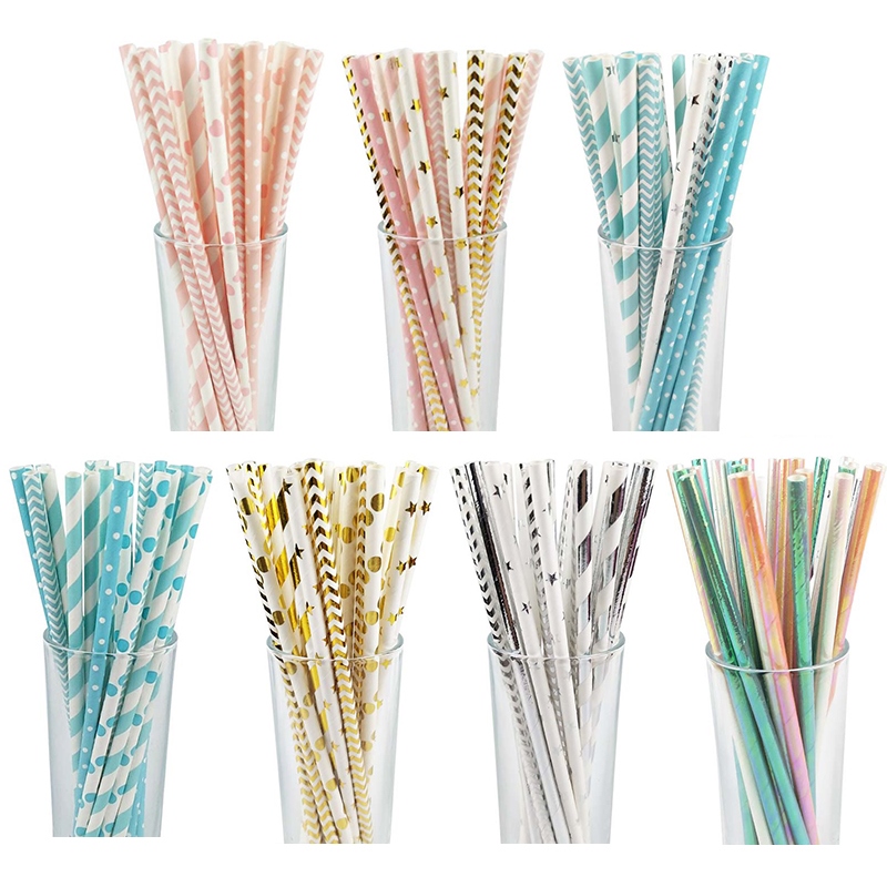 25PCS Hot Kids High Quality Baby Shower Party Supply Drinking Paper Straw Gold 