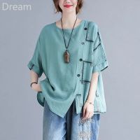 Summer new cotton and linen slimming large size womens T-shirt loose belly-covering round neck short sleeve shirt clothes V729