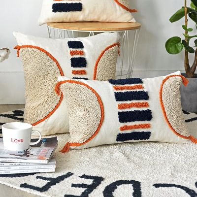 Morrocca Style Cushion Cover 45x45cm/30x50cm Pillow Cover Handmade Orange Navy Stripe Tufted Pillow Case for Home Decoration