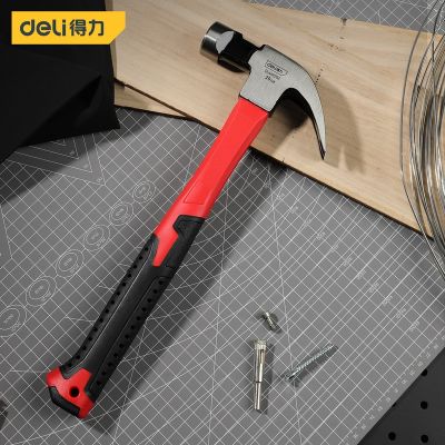 Deli 1 Pcs 8/16/20oz Professional Claw Hammer with Red Fiber Handle Magnetic Card Slot Multifunction Nail Hammer for Woodworking