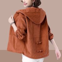 Corduroy Hooded Coat ผู้หญิงแขนยาวซิปเกาหลีรุ่นหลวม2022ฤดูใบไม้ร่วงและฤดูหนาวขนาดใหญ่สั้นเสื้อลำลองเสื้อกันหนาวผู้หญิง