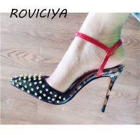 Black slingbacks rivet sandals women shoes summer shoes for women pointed toe 12cm high heels ankle strap LX004 ROVICIYA