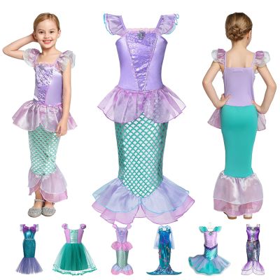 〖jeansame dress〗 Disney Little Mermaid Ariel ชุดเจ้าหญิงแฟนซีสำหรับสาวแขนสั้น Tulle คอสเพลย์เครื่องแต่งกายเด็ก Purim Party ชุด2-10T