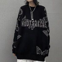 Harajuku Gothic Butterfly Jacquard Oversized Sweater Black O Neck Knitted Sweater for Women and Man  New Loose Streetwear