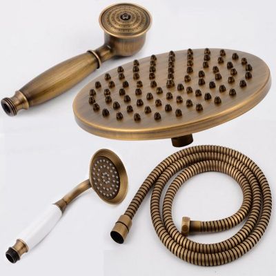 Antique Brass Bathroom Hand Shower Head 8 inch Round Rainfall Shower Faucet Shower Bracket Wall Shower Arm 1.5M Shower Hose Showerheads