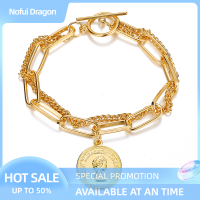 Nofui สร้อยข้อมือโซ่เรียบง่ายวินเทจสองชั้นหัวเข็มขัด OT บุคคลจี้ทรงกลม Bracele ของขวัญเครื่องประดับส่วนบุคคลสำหรับผู้หญิงหญิงสาว