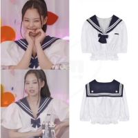 Blackpink Jennie เสื้อเอวลอยสําหรับสตรีแขนสั้นติดโบว์เอวลอย