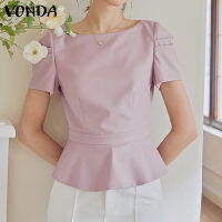 เสื้อเสื้อสตรีคอกลม VONDA จีบเอวหรูหราสีพื้น (ลำลองเกาหลี)