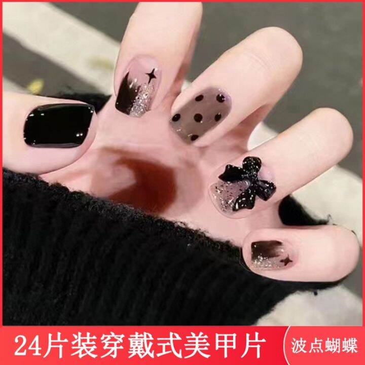cod-cool-dark-manicure-patch-polka-dot-bow-three-dimensional-wearing-nail-piece-short-section-versatile-fake-stickers