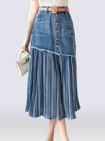 【CW】 S-5XL Patchwork Pleated Jeans Skirts Waist Ripped Korean Fashion Denim Big Size KS10294