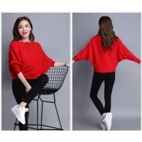 【READY STOCK】ST245 Womens Bat Sleeve Sweater Loose Solid Color Single Collar Sweater Knitted Top