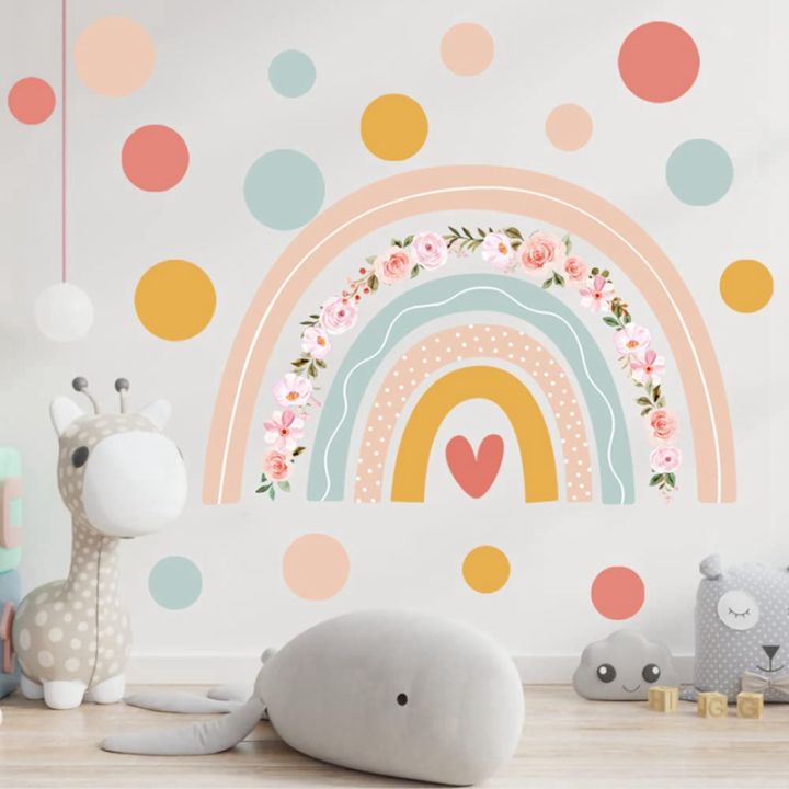 rainbow-flower-wall-stickers-boho-polka-dots-wall-decal-vinyl-for-room-kids-nursery-playroom-classroom-wall-decor