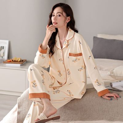 MUJI High quality sweet pajamas womens pure cotton long-sleeved lapel spring and autumn models large size loose no pilling casual and comfortable home clothes set