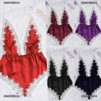 COD DSFGERTERYII [Base] Sexy Lingerie Women Pajamas Satin Lace V-Neck Bodysuit Backless Jumpsuit Romper