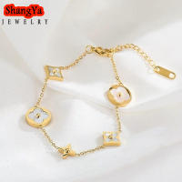 ShangYa สร้อยข้อมือสแตนเลสแท้สำหรับผู้หญิง 18k Gold Clover กำไลข้อมือจี้ใบโคลเวอร์