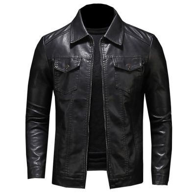 ZZOOI Mens Motorcycle Leather Jacket Large Size Pocket Black Zipper Lapel Slim Fit Male Spring and Autumn High Quality Pu Coat M-5Xl