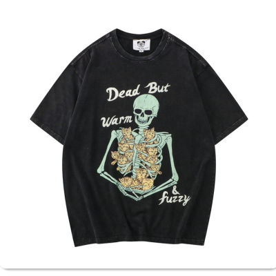 Vintage Distressed เสื้อยืดผู้ชาย2023ฤดูร้อนใหม่ตลก Skull Skeleton Cat พิมพ์ผ้าฝ้ายแขนสั้น Top Streetwear Harajuku