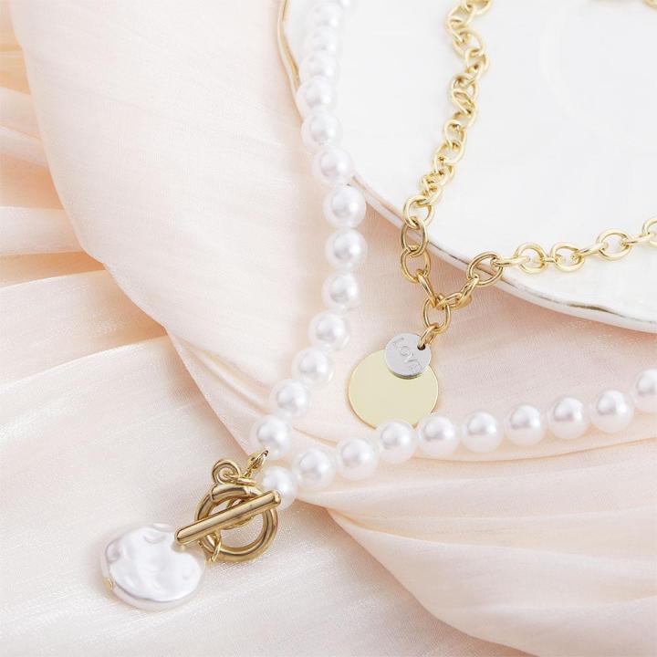 ELIN Trendy Sweet Party Grils Gift Imitation Pearl Short Necklace Female  Jewelry Double Layered Chocker White Pearls Collar Women's Necklace Pearl  Clavicle Chain