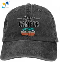 Adults Happy Camper Denim Caps Hiking Baseball Caps Camping Unconstructed Hats