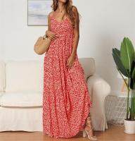 Bohemian Beach Summer Dress  Women Tunic Casual Long Floor Length Dress Small Floral Print Big Swing Strap V-neck Dresses