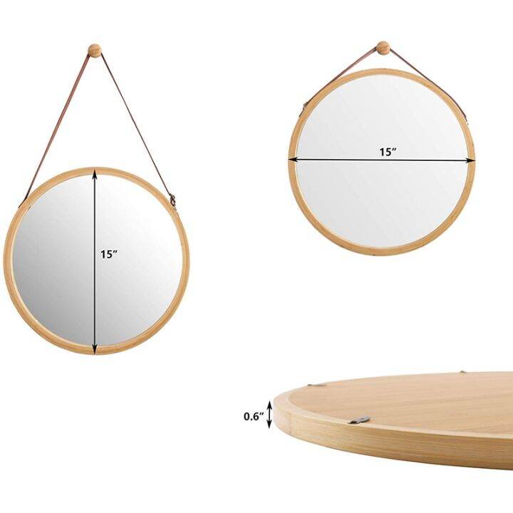 hanging-round-wall-mirror-in-bathroom-amp-bedroom-solid-bamboo-frame-amp-adjustable-leather-strap