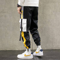 【cw】Streetwear Men Black Joggers Pants 2022 Mens Big Pockets Ribbons Hiphop Cargo Pants Male Overalls Sweatpants Men Clothes