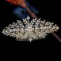 ASNORA High Quality AAA CZ Wedding Hair Accessories Bridal Hair Comb Golden Leaf Tiaras, Female Prom Banquet Hair Accessories