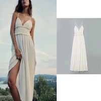 TRAF White Crochet Waist Midi Dress For Woman 2023 Summer New Sexy V-neckline Thin Straps Open Back Design Party Dress Vestidos