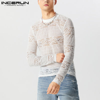 เสื้อยืดลายเสื้อยืดคอกลมแจ็คการ์ดย้อนยุคแนวแฟชั่นลูกไม้แขนยาวสำหรับผู้ชาย INCERUN (สไตล์ตะวันตก)