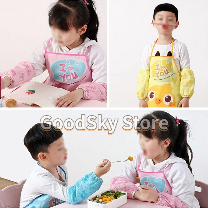 จัดส่ง1-2วัน-ผ้ากันเปื้อนการ์ตูนสำหรับเด็ก-kids-cartoon-apron-with-arm-sleeves-art-painting-elephant-duck-owl-monkey-kids-children-waterproof-kitchen-apron