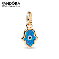 Pandora Hamsa hand 14k gold-plated dangle with deep blue and white lab-created opal and black man-made composite เครื่องประดับ จี้ชาร์ม ชาร์มทอง ชาร์มสร้อยข้อมือ ชาร์มแพนดอร่า